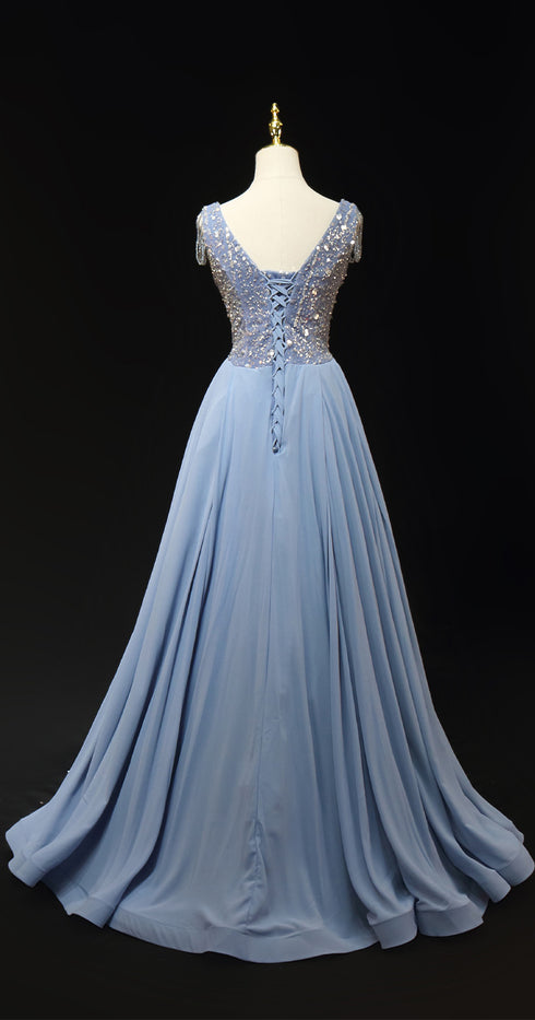 Light Blue Sequin Ball Gown with Chiffon - Pretty Sequin Dress - Sleeveless Ball Gown Plus Size